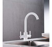 Beige Color Kitchen Faucets Double Hands Round Bathroom Sinks Wall in Taps 360 Swivel Double Handle Mix Water Tap with Aerator Deck Mounted White(Blanc)