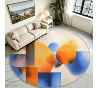 Beige Colour Block Round Rug 90 cm, Geometric Modern Washable Carpet | Contemporary Patchwork Circle Mat, Non-Skid Low Pile Base, Neutral Stain Resistant Floor Cover for Dining Table & Sofa