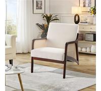 (Beige) Corduroy Armchair with Rattan Armrest