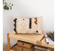 Beige Cream Boho Woven Tufted Lumbar Pillow Cover,Morocco Black Brown Geometric Stripes Textured Indian Tribal Decorative Pillowcase,Farmhouse Cushion Cover for Bedroom Living Room Couch.12x20 Inch