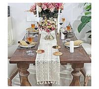 Beige Crochet Lace Table Runner with Tassels - Cotton Wedding Decor Hollow Nordic Tablecloth Elegant Coffee & Bed Runners (180x24cm) for Romantic Home Styling