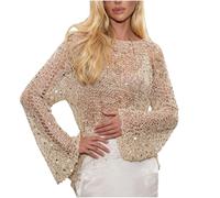 Beige Crochet Tops for Women UK Sparkly Sequin Top Long Sleeve T Shirts Beach Coverups Batwing Top Bikini Cover Up Crochet Hollow Out Knitted for Party Going Out Holiday Swim Beachwear