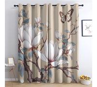 Beige Curtains for Bedroom Living Room - Butterfly and Flower Blackout Curtains 66 x 72 Inch (Width x Drop), Thermal Insulated Eyelet Curtains & Drapes, Decorative Patterned Window Treatments V-&29