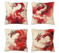 Beige Cushion Covers, Square Soft Velvet Cushion Covers 65x65cm, Set of 4 Dragon Decorative Throw Pillow Cases with Invisible Zipper, Decorative Pillows for Sofa Bedroom Living Room Home Decor J-63