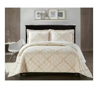 (Beige, Double) Ruffle Embossed Quilted Bedspread Bed Throw Single Double King Size Bedding Set