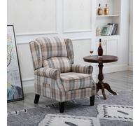 (Beige) EATON WING BACK FIRESIDE TARTAN FABRIC RECLINER MANUAL ARMCHAIR SOFA CHAIR CINEMA