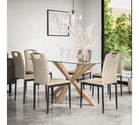 (Beige) Etta Glass Dining Table Set w Solid Oak Legs w 4-6 Monza Faux Leather Chair