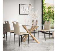 (Beige) Etta Glass Dining Table Set w Solid Oak Legs w 4-6 Monza Faux Leather Chair