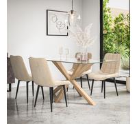 More4Homes Etta Glass Dining Table And Chairs - Glass Top W Solid Oak Legs + Nova Velvet Dining Chair Set Of 6 (Beige)