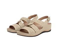Beige Extra Wide Fit Sandals for Women Low Wedge Women's Sandals & Slides Hollow Waterproof Arch Support Orthopedic Open Toe Adjustable Buckle Beach Shoes for Walking Traveling or Parties Size 5
