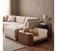 Beige Fabric Pet Bed with Walnut Ribbed Sides - Washable Cover