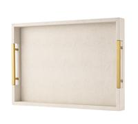 Beige Faux Leather Serving Tray with Handles - Large Decorative Tray for Coffee Table, Ottoman, Living Room, Bathroom - Home Decor