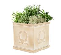 Beige Fibre Clay Box Planters Square Plant Pots with Embossed Design (S) | Drainage Holes, Box Planters, Plant Pots, Flower Pots, Flower Planters, Planters, Laurel Wreath Design
