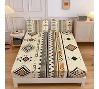 Beige Fitted Sheets, Tribal Ethnic Trigonometry Geometry Double Fitted Sheet, Bed Sheets Extra Deep Pocket 12 inch (30 cm) Microfiber Brushed 135x190cm Bed Sheet with 2 Pillowcases 50×75cm