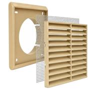 Beige Fixed Louvred Vent Grille with Flyscreen - External Air Vent Cover with 5" Inch/125mm Round Spigot Connection