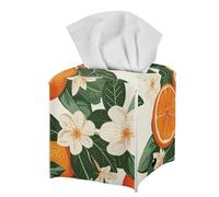 Beige Floral Orange Print Tissue Box Holder Modern Decorative PU Leather Square Tissue Box Cover for Home Office Tissue Cube Organizer for Dining Table Nightstand