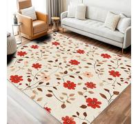 Beige Floral Rug, 120 x 170 cm, Red Flower Rugs for Living Room Bedroom, Vintage Branch Leaf Botanical Carpet, Nature Home Decor, Washable Non Slip Low Pile Large Area Rugs A6014