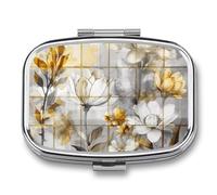 Beige Flower Bud Pattern Pill Box 2 Compartment, Portable Pill Case with Mirror for Pocket Purse Travel, Mini Metal Medicine Organizer for Vitamins Fish Oil