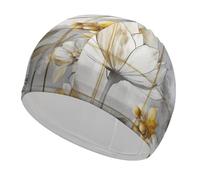 Beige Flower Bud Pattern Swim Cap for Adult, Elastic Fabric Swimming Cap, Comfortable Bathing Cap for Long & Short Hair