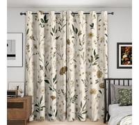 Beige Flower Curtains Blackout, 90x90 Inch 2 Panels - Country Leaf Floral Botanical Pattern Black Out Curtains, Home Decor, 90 Drop Eyelet Window Drapes for Bedroom, Living Room KA197