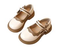 Beige Girls Mary Jane Style School Shoes Bow Strap Sweet Low Heel Faux Leather Color Block Thick Shoes Everyday Wear Footwear Hiking UK Size 12.5
