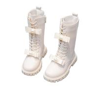 Beige Girls Mid Calf Boots Kids Lace Up Side Zipper Glossy Smooth Faux Leather Pearl Flower Embellishments School Shoes Waterproof Hiking Combat Shoes UK Size 14