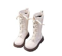 Beige Girls Mid Calf Boots Kids Lace Up Side Zipper Glossy Smooth Faux Leather Pearl Flower Embellishments School Shoes Waterproof Hiking Combat Shoes UK Size 14