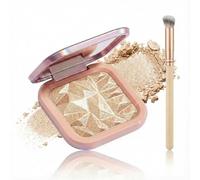 Beige Gold Radiance Highlighter Powder Compact - Silky Fine Multi-Functional Shimmer Palette For Luminous Glow Cheeks Eyes With Soft Brush Travel Touch-ups Buildable Longwear