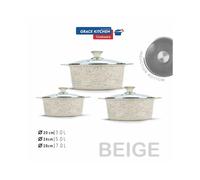 (Beige ) GRACE Die Cast Marble Stockpot Set -Aluminium Non Stick Coating Cooking -Induction Stock with Tempered Glass Lid with Steam Vent Cookware