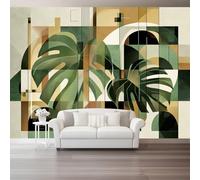 Beige Green Wallpaper Mural, Art Deco Abstract Retro Monstera Leaves 3D Wall Mural Wall Murals Hd Printing Water Proof, Print Photo Wallpaper for Bedroom Living Room Decor - 200 x 140 cm (W x H)