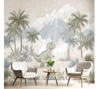 Beige Green Wallpaper Mural Cute Cartoon 3D silk Wall Mural Photo Wallpaper, Premium Art Print Decor for Living Room Bedroom Photo Wall Decoration 450x315cm (WxH), Volcanoes Dinosaurs Palm Trees