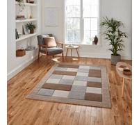 Beige Grey Modern Bordered Chequered Geometric Rug For Dining Room-80Cm X 150Cm