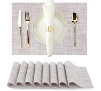 Beige Grey Placemats Set of 8-Durable PVC Vinyl Woven Washable Place Mats for Dining Table Heat Resistant Non-Slip Indoor/Outdoor Table Mats 12 x17 inch
