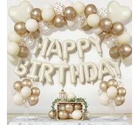 Beige Happy Birthday Decorations Set - Foil Birthday Banner, Beige, Gold Chrome & Confetti Balloons, Cream Heart Balloons for Elegant Birthday Party Decor