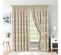 Beige Jacquard Pencil Pleat Curtains 66 x 90 Inch - Luxury Fully Lined Window Curtains for Bedroom and Living Room - Decorative Virginia Drapes Set Of 2 Panels With Tie Backs