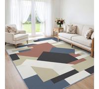 Beige Khaki Grey Squares Area Rugs Bedroom Washable Non Slip | Modern Abstract Geometry Short Pile Carpet 80 x 150 cm for Dining Room Lounge Living Room Kids Teenagers Room