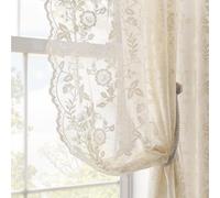 Beige Lace Curtains 54 Inch Length for Bedroom 2 Panels Set Rustic Leaf Floral Pattern Vintage Sheer Lace Curtains Short for Small Windows, Rod Pocket Privacy Sheer Window Lacy Curtains, 42 x 54 Inch