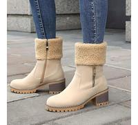 Beige Ladies Everyday Mid Tube Shoes with Heavy Duty Thick Sole and Strong Block Heel Equipped with Side Zipper Suede Upper Ideal for Winter Outdoor and Indoor Occasions