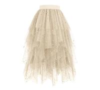 Beige Ladies Skirts Elasticated Waist Shiny Sequin Mesh Tiered Layered Skirt Summer Casual Fancy Dresses Womens Midi Knee Length Asymmetrical Ballet Prom Party Tulle Tutu A-line Skirt XL