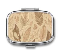 Beige Leaf Pattern Pill Box 2 Compartment, Portable Pill Case with Mirror for Pocket Purse Travel, Mini Metal Medicine Organizer for Vitamins Fish Oil