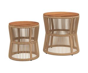(beige, line weaving) vidaXL Garden Side Tables with Wooden Top Outdoor Table 2 pcs Poly Rattan