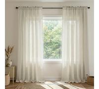 Beige Linen Curtains 96 Inches Long 2 Panels Set, Ready For Ring Clips, 8 FT Length Floor to Ceiling Drapes, Semi Sheer Light Filtering Flat Draperies for Living Room Bedroom Bay Window Dining Room