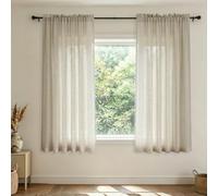 Beige Linen Curtains for Small Windows, Curtain Rod Pocket, Short and Narrow for Kitchen, Bathroom or Basement, Farmhouse Rustic Style 95×115(L) cm, 2 Pcs Tan