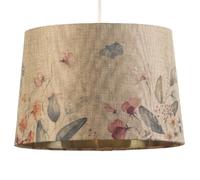 Beige Linen & Flowers Design Vintage Easy Fit Round Tapered Drum Shade | Gold Inner Hard Lined | 30cm Diameter (12") | Reversible Gimbal | Pendants & Table Lamps | Fits Lampholder Type E14 E27 B15 B22