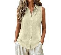Beige Linen Vest Tops for Women UK Plus Size V-Neck Sleeveless Button Down Collared Muslim Tank Tops Loose Summer Fashion 2026 Casual Office Work Blouses Holiday Wear with Chest Pocket