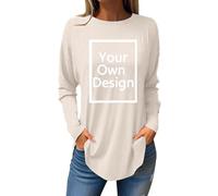 Beige Long Sleeve Tops Women Custom T Shirt Create Your Own T Shirt Personalised Long Tunic Tops Customised Round Neck Jumper Personalised Text and Image Loungewear