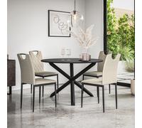(Beige) Malvern Round Black Dining Table Set w Black Oak Legs w 4-6 Monza Fabric Chair
