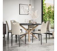 (Beige) Malvern Round Black Dining Table Set w Solid Oak Legs w 4-6 Monza Linen Chair