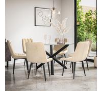 Malvern Round Dining Table And Chairs - Clear Glass Table Top w Solid Oak Black Legs + Nova Velvet Dining Chair Set Of 6 More4Homes Beige One Size