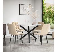 More4Homes Malvern Round Dining Table And Chairs - Marble Table Top W Solid Black Oak Legs + Nova Velvet Dining Chair Set Of 4 (Beige)